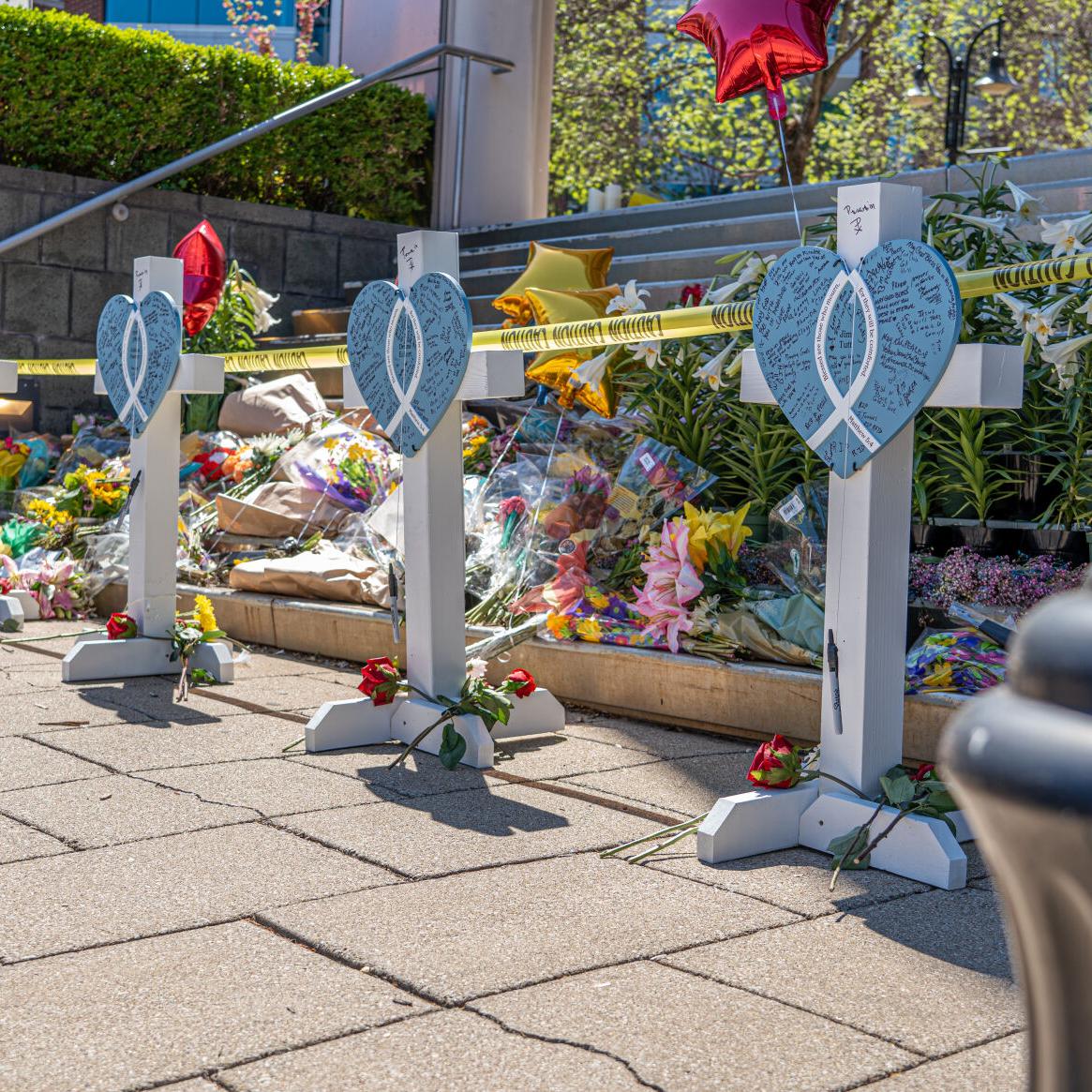 Memorial at Old National Bank building in downtown Louisville after April 10, 2023 mass shooting
